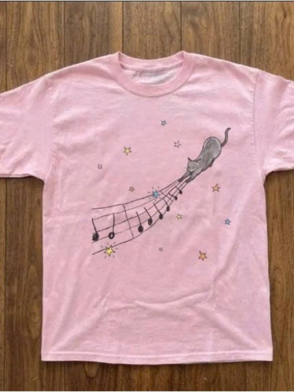 Pink Tee with Gray Cat & Musical Notes Graphic